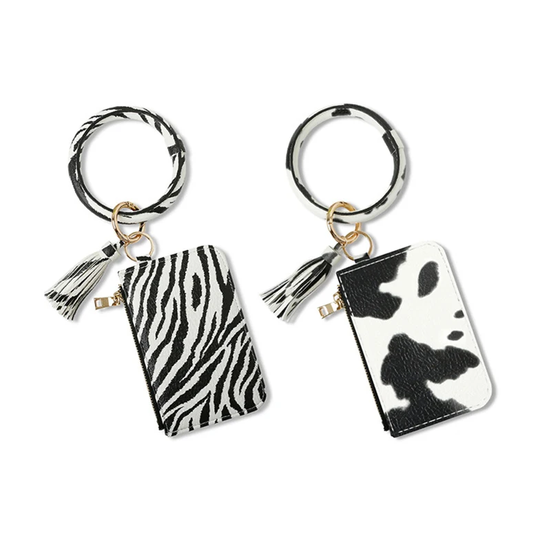 

RTS Tassel Bangle Keychain Wallet Women Zebra Print Bracelet Tassel Key Ring Wallet Zipper PU Leather Cow Print Bracelet Wallet, As pic show