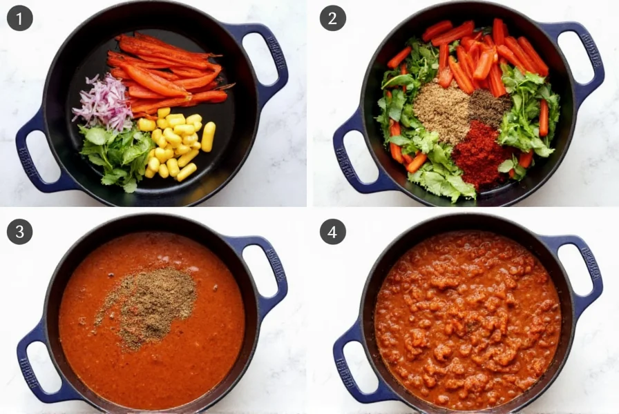 Step-by-step vegetable chili preparation showing ingredients in cast iron pot with fresh vegetables and spices