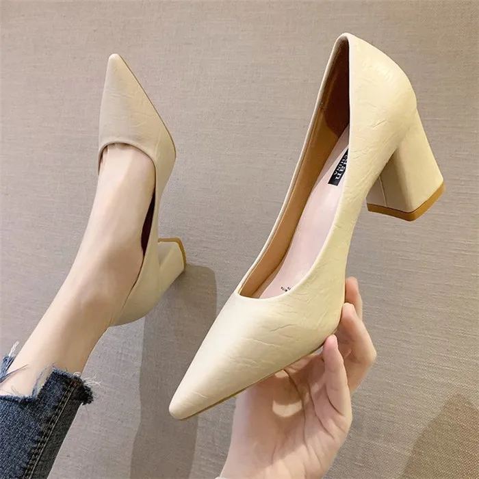 

High-heeled women's pointed shallow single-shoe women's fashion mid-heel women's shoes wholesale, Red, black, beige