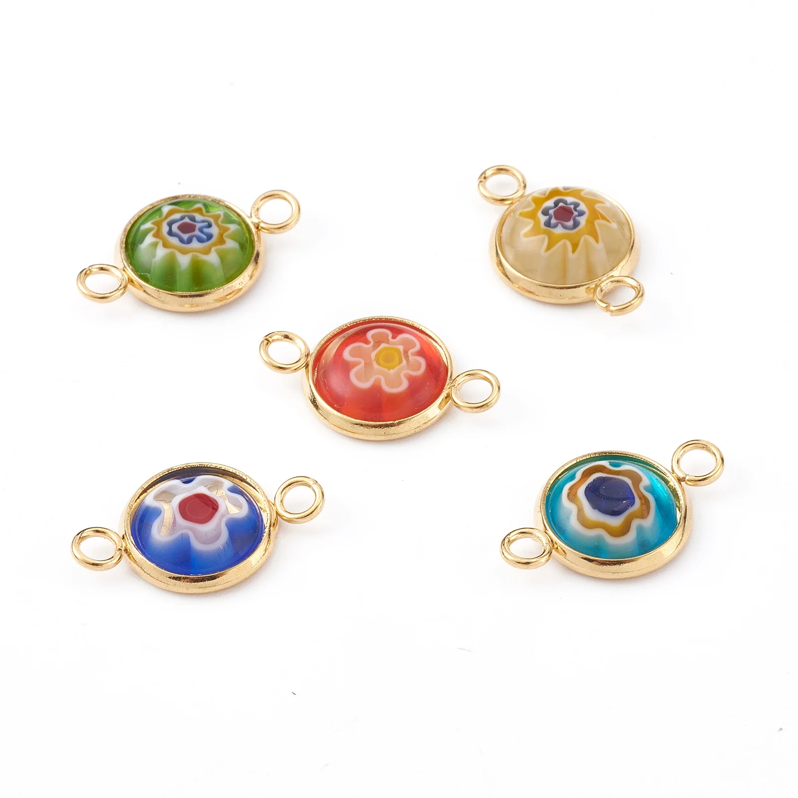 

PandaHall Handmade Flat Round Golden Millefiori Glass Links Connectors, Mixed color