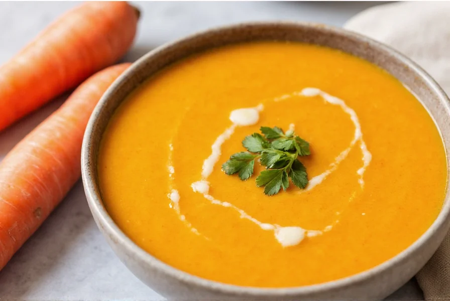Creamy carrot soup with ginger served in white bowl with fresh cilantro garnish