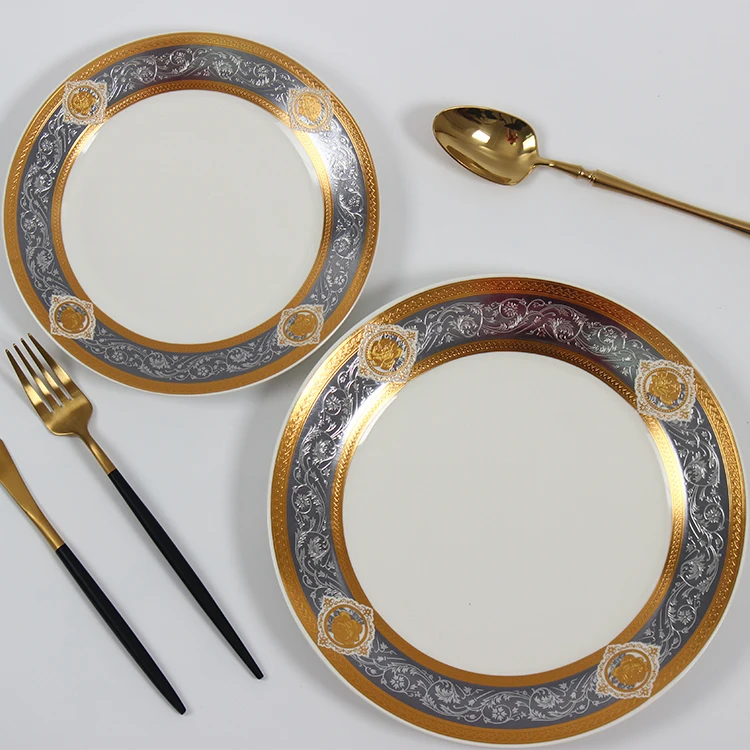 

Wedding OEM ceramic dinner plates New bone china plates set with Embossed Design, Dark silver