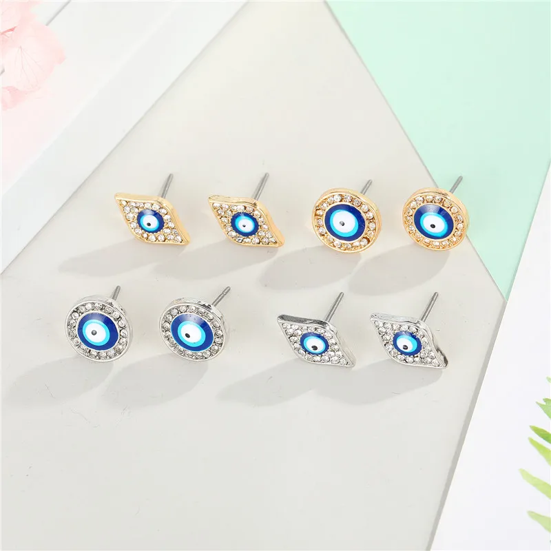 

2022 Wholesale 14K Gold Plated Demon Eye Retro Earrings Bling Rhinestone Crystal Geometric Evil Eyes Stud Earrings For Women