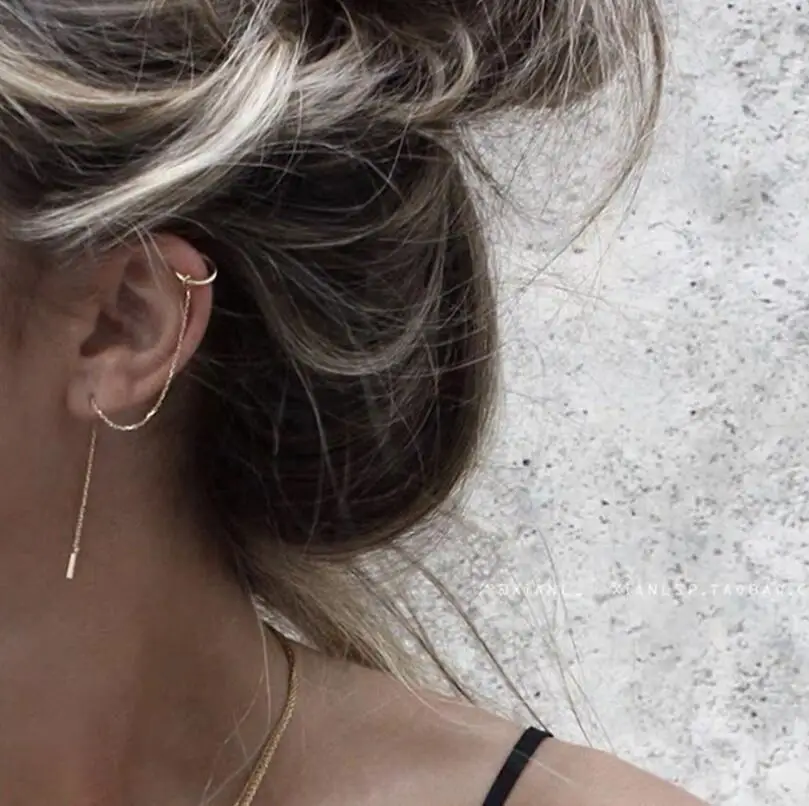 

Stainless Steel Custom Ladies Teenagers Fashion Gift Minimalist gold earrings Delicate Ear cuff with chain threader earrings