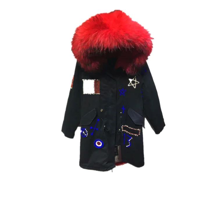 

Popular MeiFng Italian Flag Design Red Faux Fur Liner Women Winter Coat Fashion With Hood