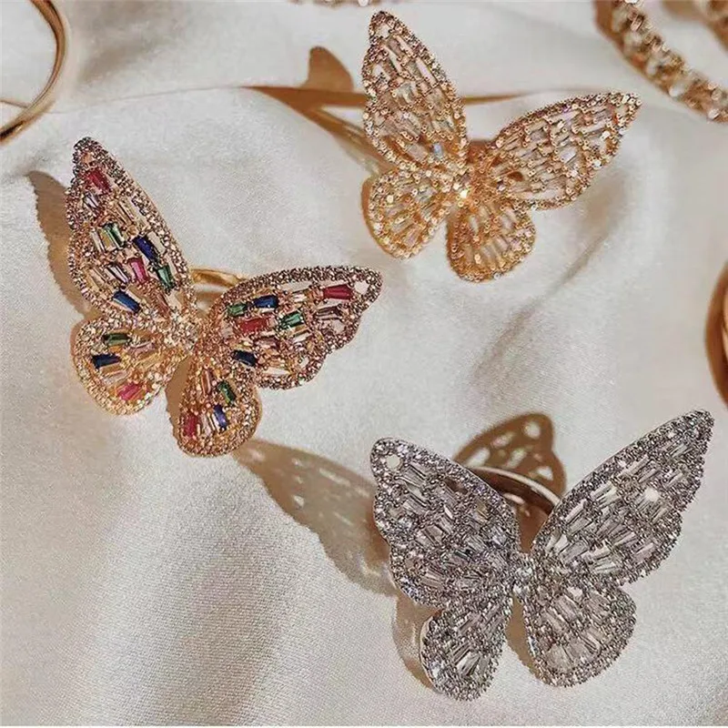 

HongTong Ins Fashion Cubic Zirconia Crystal Diamond Hip Hop Jewelry Finger Adjustable Butterfly Rings, Customized color