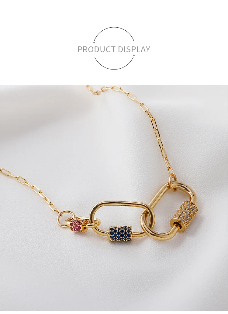 Three Locks Interlocking Necklace Gold Plated Copper Inlaid Zirconium Carabiner Screw Locks