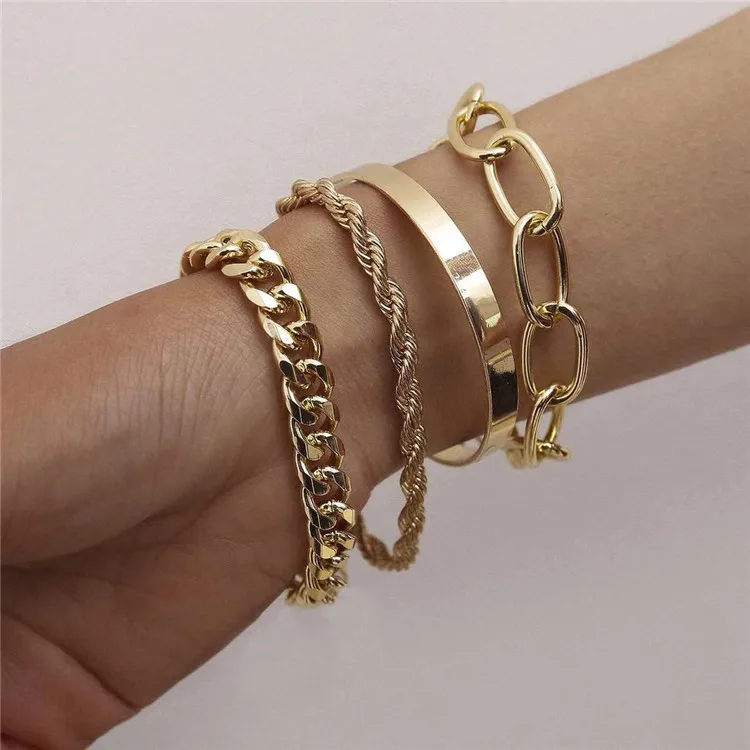 

BELLEWORLD Artilady 2020 new style gold charm cuff bangle bracelet cuban link bracelet bangle set women jewelry, Gold color,silver color