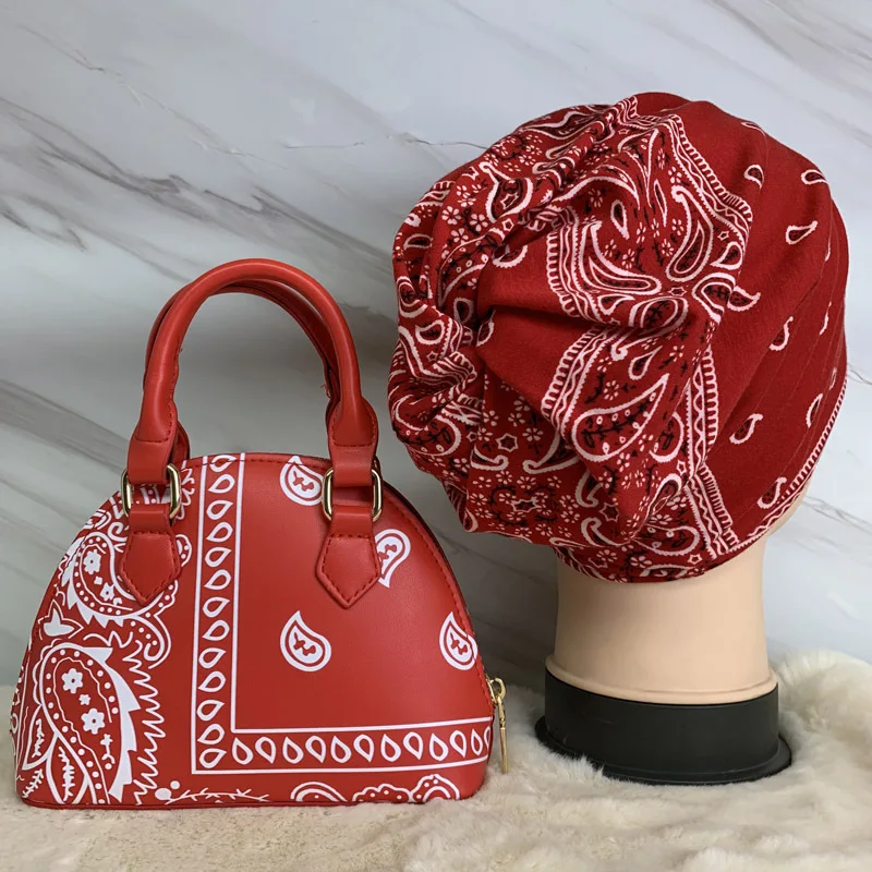 

BB71 New Arrivals Printed Muslim Hat Matching Purse Set Trendy Bandana Handbag And Cap Set, As picture or custom