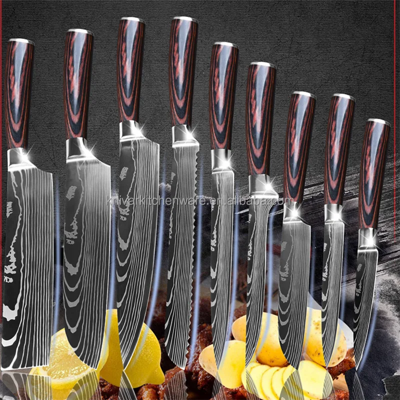 

4 pcs damascus laser pattern 7cr17mov carbon steel pakka wood handle knife set, Silver