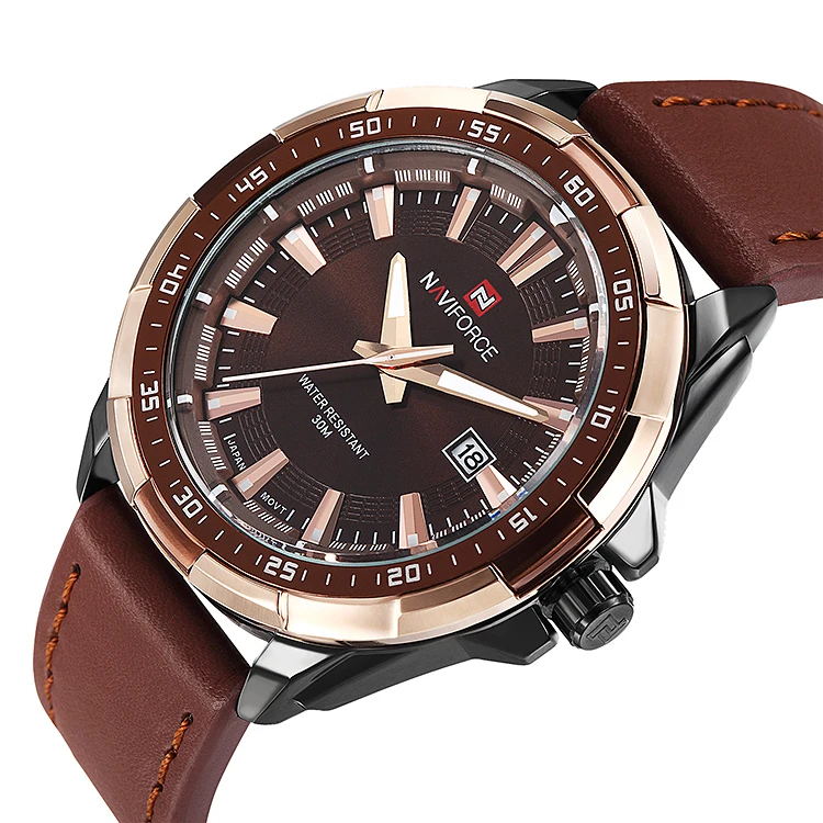 

NAVIFORCE NF9056 fancy Brown man quartz watch luxe PU Leather Strap water resist auto date Concise business watch supplier