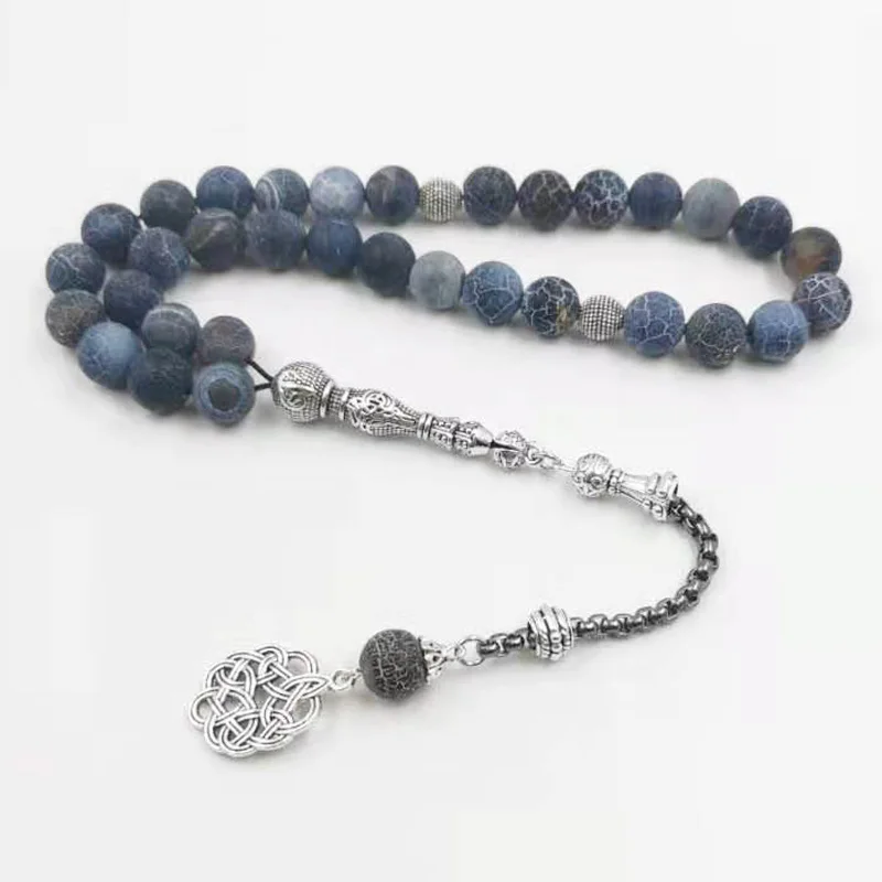 

Tasbih Natural Blue agate stone Metal tassel muslim prayer beads islamic fashion product Rosary bead turkish jewelry New style