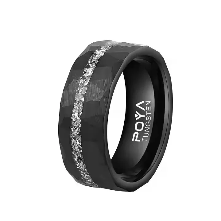 POYA Jewelry Unisex 8mm Hammered Meteorite Inlay Black Tungsten Carbide Ring Trendy Wedding Engagement Anniversary Party Gift