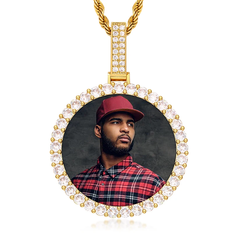 

Drop Shipping Custom Round Hip Hop Gold Jewelry 18k Necklace Iced Out Crystals Picture Pendant, Gold&silver