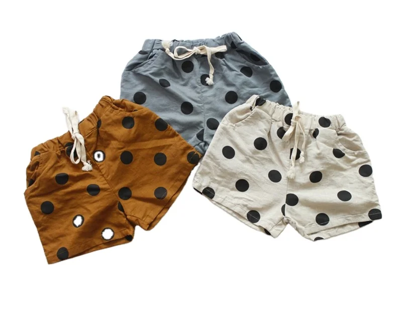 

FMFS INS Boys Shorts Polka Dot Linen Cotton Unisex Children Hot Pants Boutique Pockets Drawstring Designer Kids Shorts