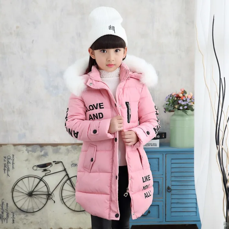

Latest Design New Letter Large Fur Collar Hooded Long-sleeved Winter Thick Cotton Kids Girl Coats, Black, red, pink