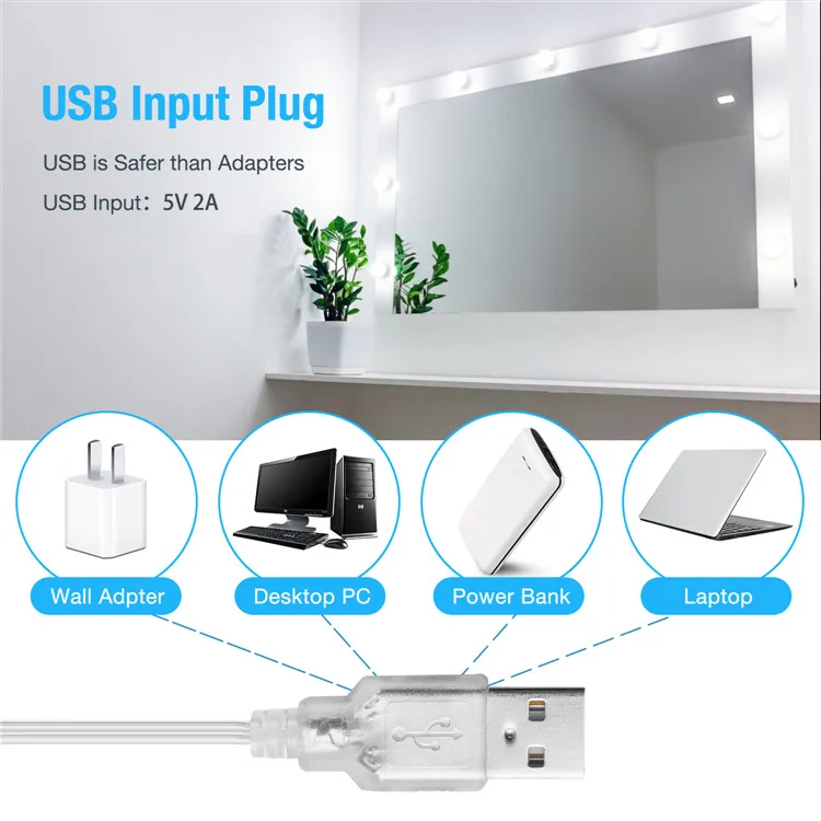 
Hollywood Style Makeup Mirror Vanity Bulbs Kit USB Cable Power Supply Vanity Mirror Lights Kit Led Mirror Lights 