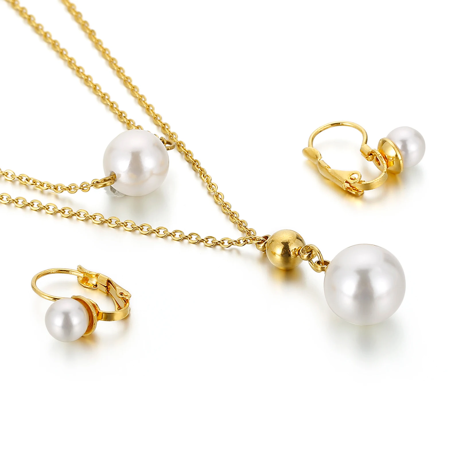 

Fashion Simple Women Jewelry Stainless Steel Accessories Pearl Necklace Earrings Set