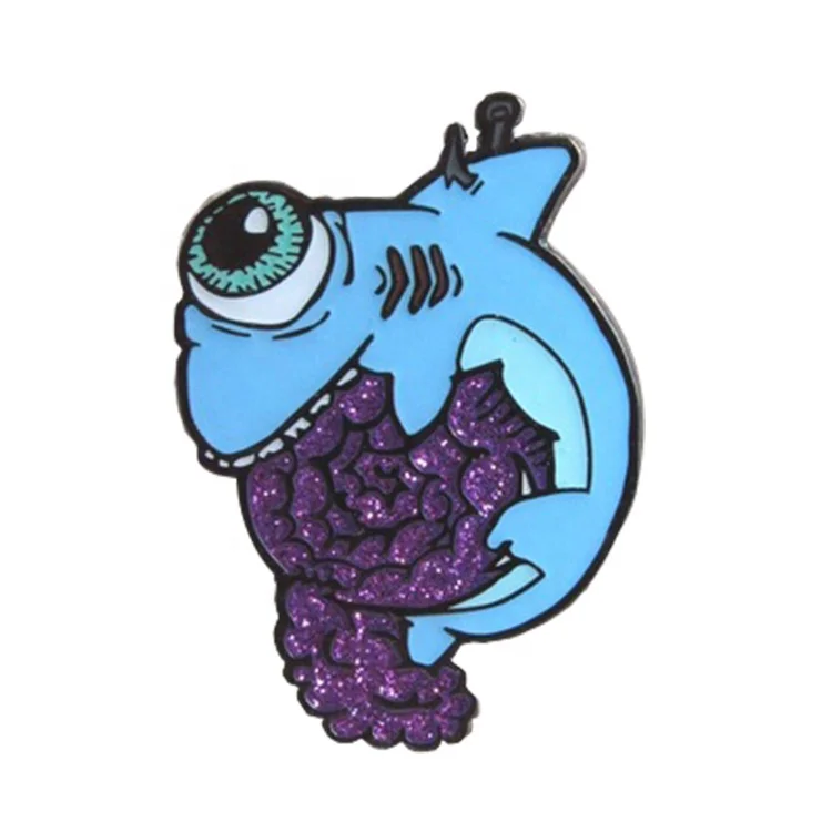 

Make Fish Shape Glitter Design Shark Lapel Pins Badge Factory Price badge of shirt butterfly brooch, Blue