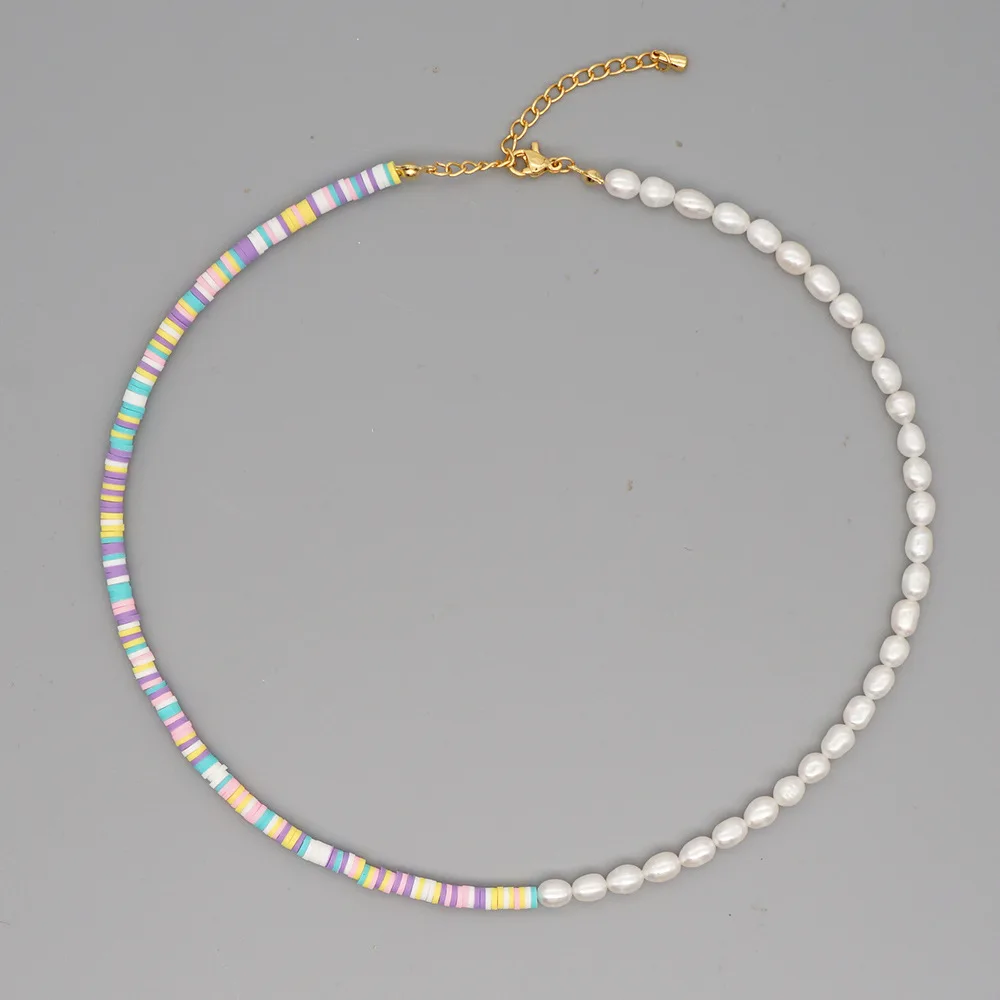 

Boho Handmade Soft Pottery Choker Necklace Colorful Beads Collar Natural Pearl Choker Necklace