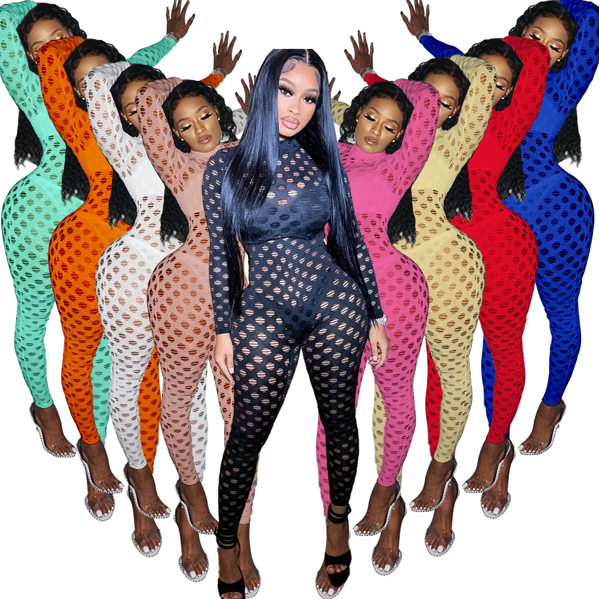 

O42007 - Sexy Bandage Long Sleeve Hollow Out Women Jumpsuits