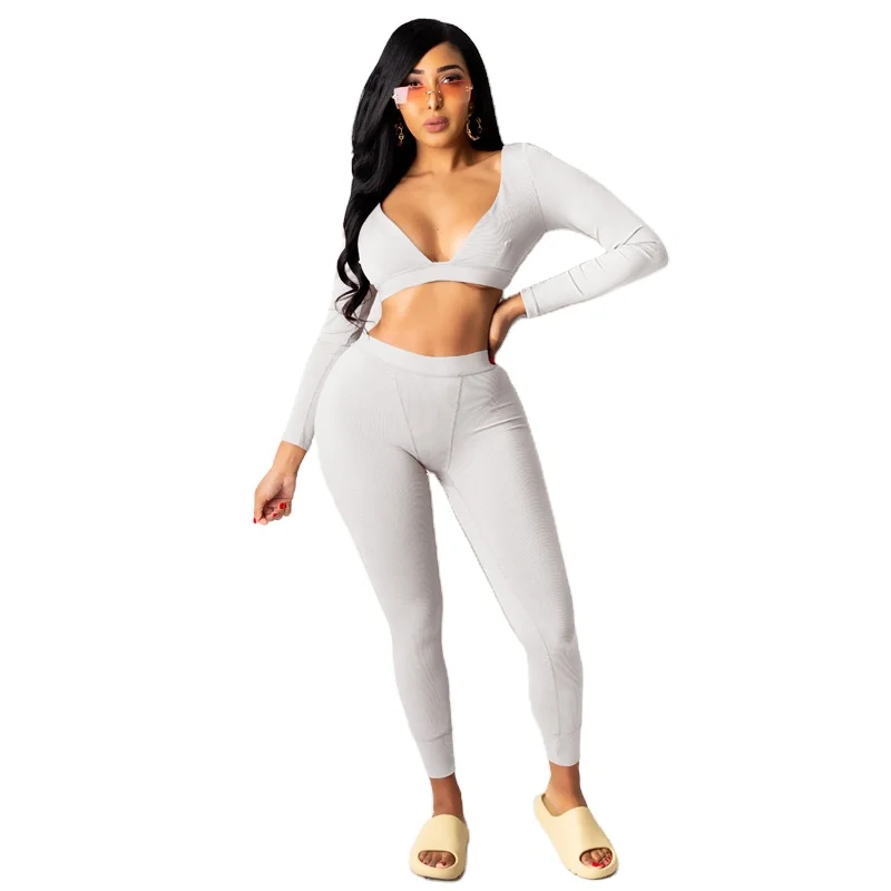 

MOQ 1PC Female solid-color V-neck cropped top and slacks yoga two piece set women clothing