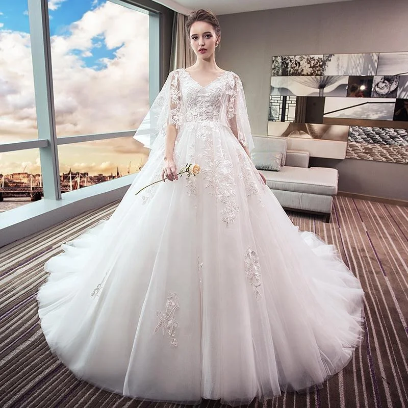 

New Luxury Wedding Dress The Bride Sweetheart Lace Appliques A-line Beading Sweep Train Natural Wedding Gown