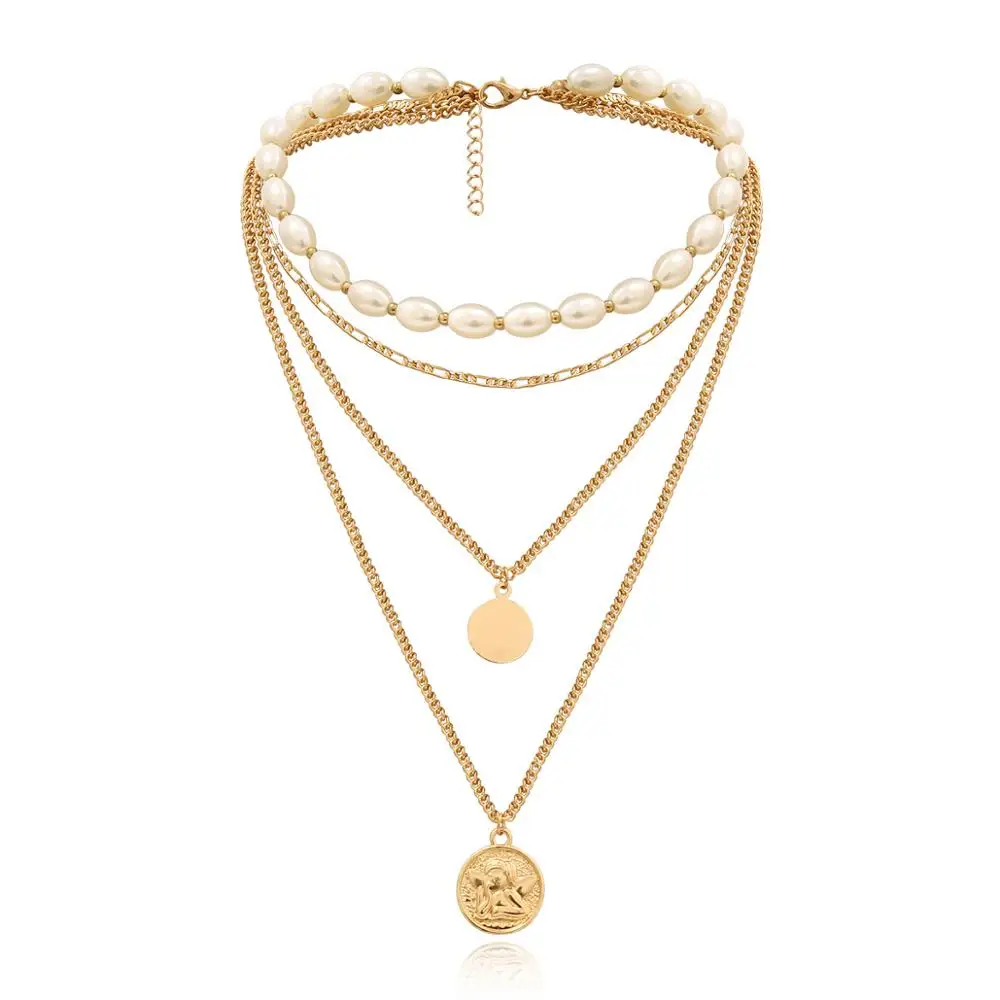 

VRIUA Vintage Gold Carved Coin Sequins Pearl Necklace Medal Long Chain Multilayer Necklace Pendant Personalized Women Necklace