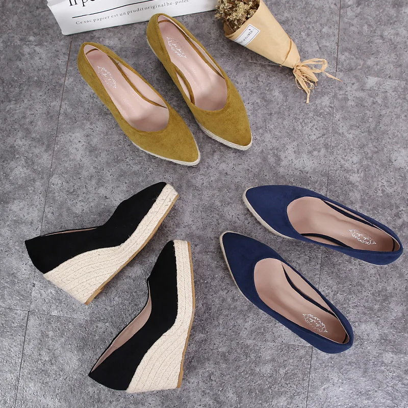 

Hot sales pointy toe shoes ladies wedges jute ropes slip on shoes women casual shoes