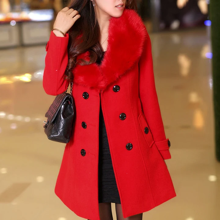 

Winter Women's Large Fur Collar Woolen Coat Double-Breasted Women's Coat Woolen Coat Female Long Section