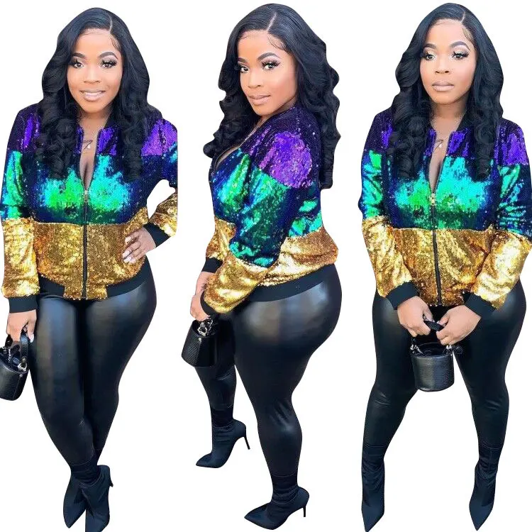 

21111-MX68 2021 spring sequined contrast color women's jackets sehe fashion