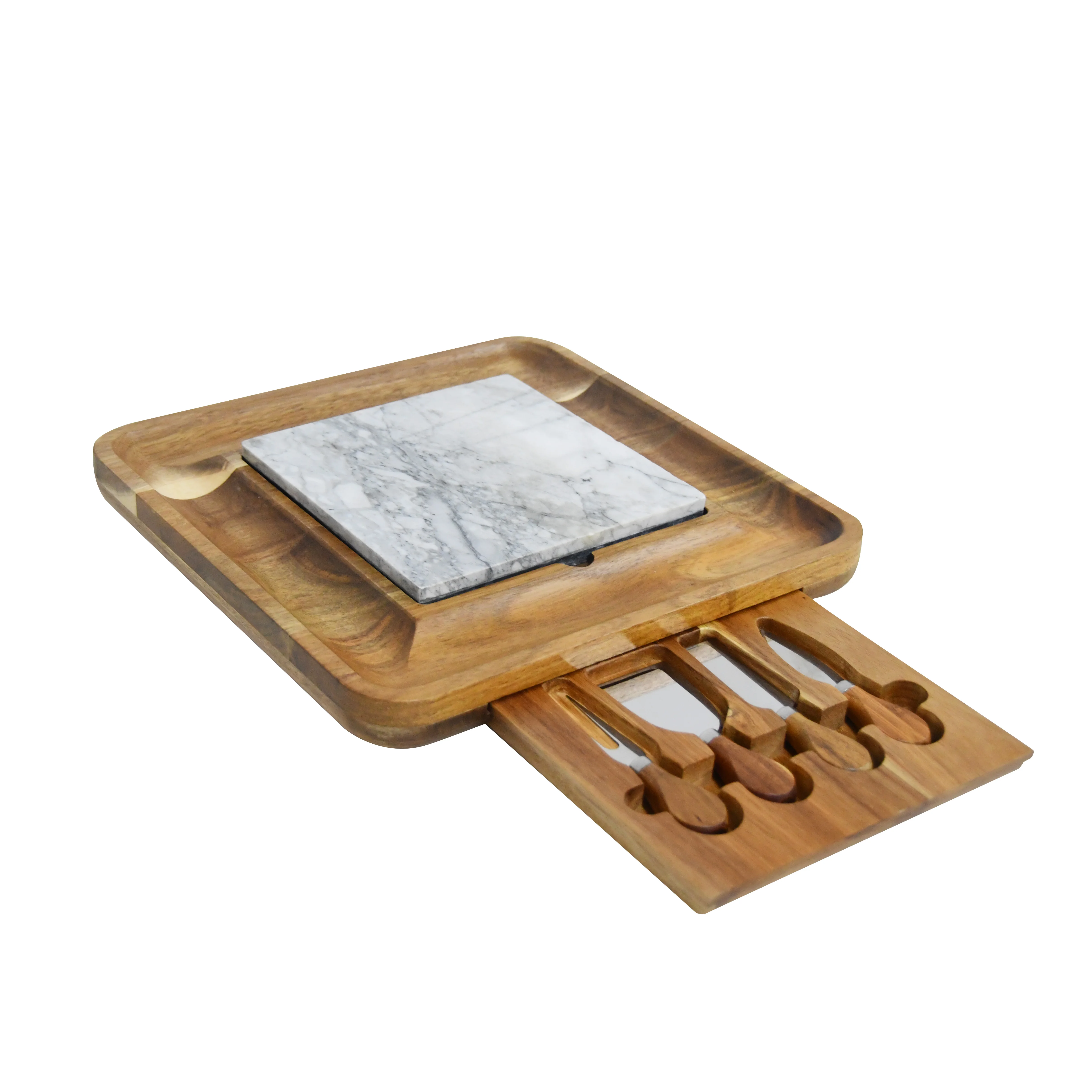 

Premium Acacia Wood Cheese Board with Marble Cutting Board and Cheese Knife Set, 4 Knives, Natural