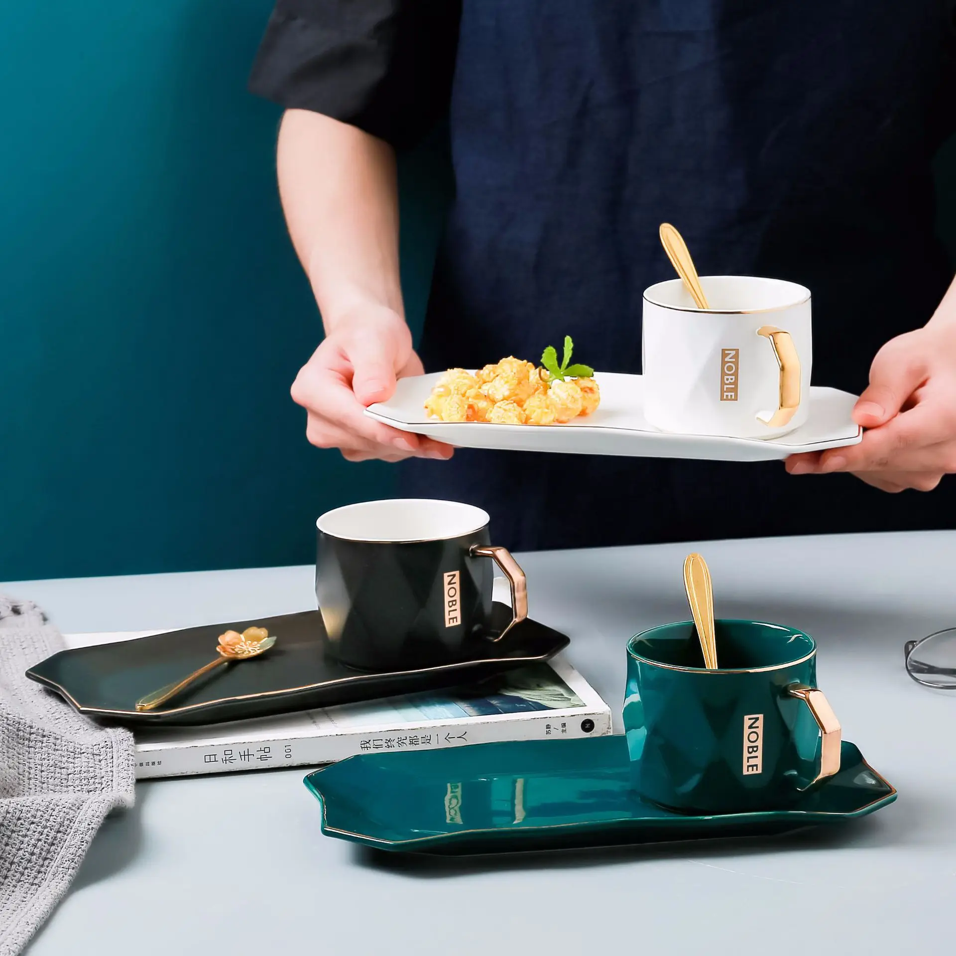 

Nordic gold handle tableware set ceramic breakfast cup coffee mug, Green/white/black
