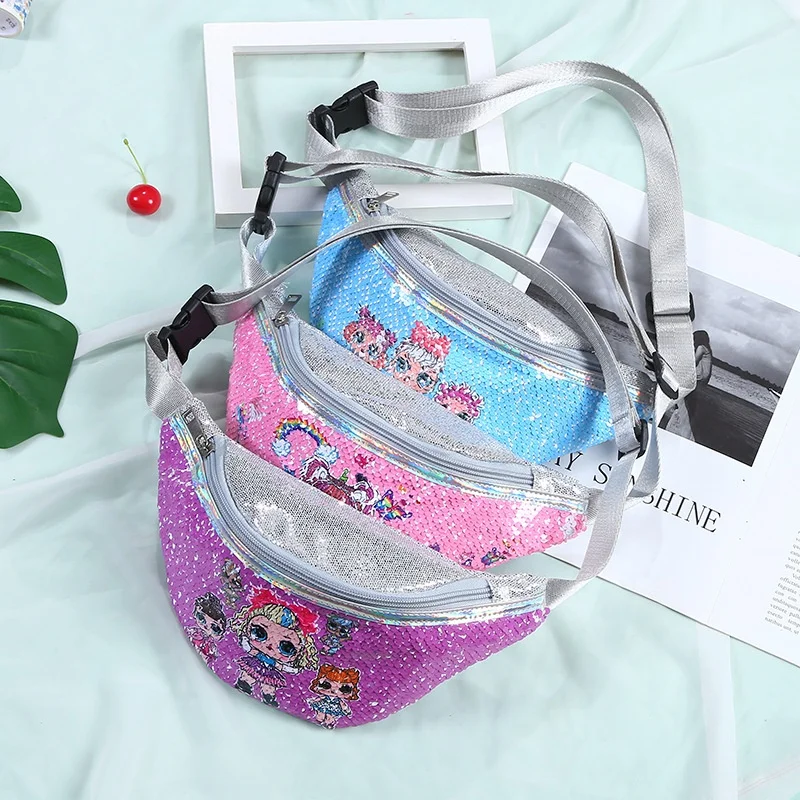 

wholesale Fashion Children Cartoon Outdoor Travel Chest Bags Cute Girls Doll Bling Sequin Purses Kids Fanny Pack