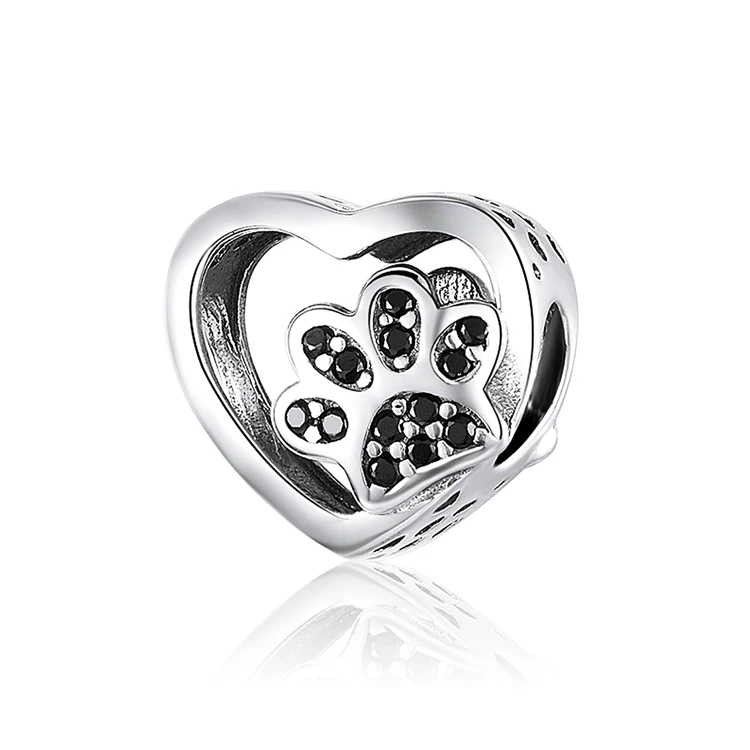 

Qings Footprint Black Zircon Charms Bead OEM/ODM 925 Sterling Silver Zircon Paw Print Charm Heart Pendant