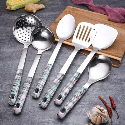 

5 Pcs plastic Handle Stainless steel gadgets slotted spoon pasta server soup spoon cooking utensil set list of kitchen tools, Black and silver