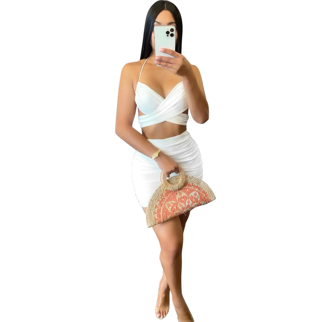 

Vintage Style Hot Girls Sexy Solid Color V Neck Crop Top Mini Bodycon Skirt Two-piece Suit