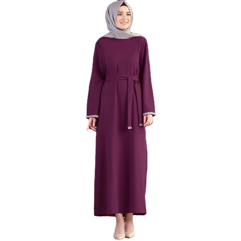 

Elegant traditional muslim clothing Dubai Turkey solid wearing belt long sleeve abaya women muslim dress
