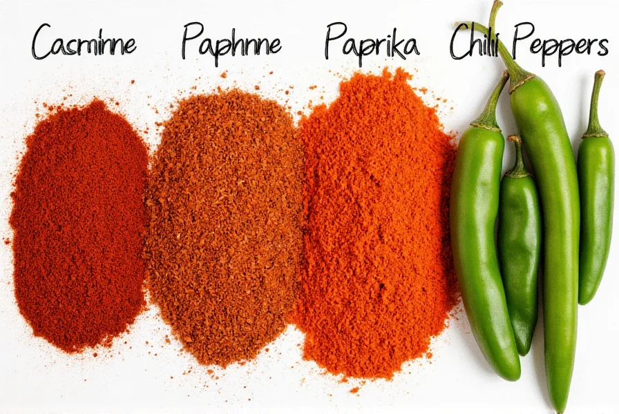 Close-up comparison of hot pepper flakes and common substitutes including cayenne, paprika, and fresh chili peppers