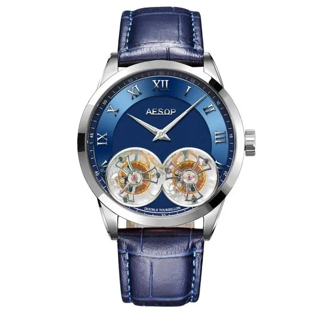 

AESOP Men's Luxury Real Double Tourbillon Movement Mechanical Watches Male Fashion Vintage Skeleton Clock