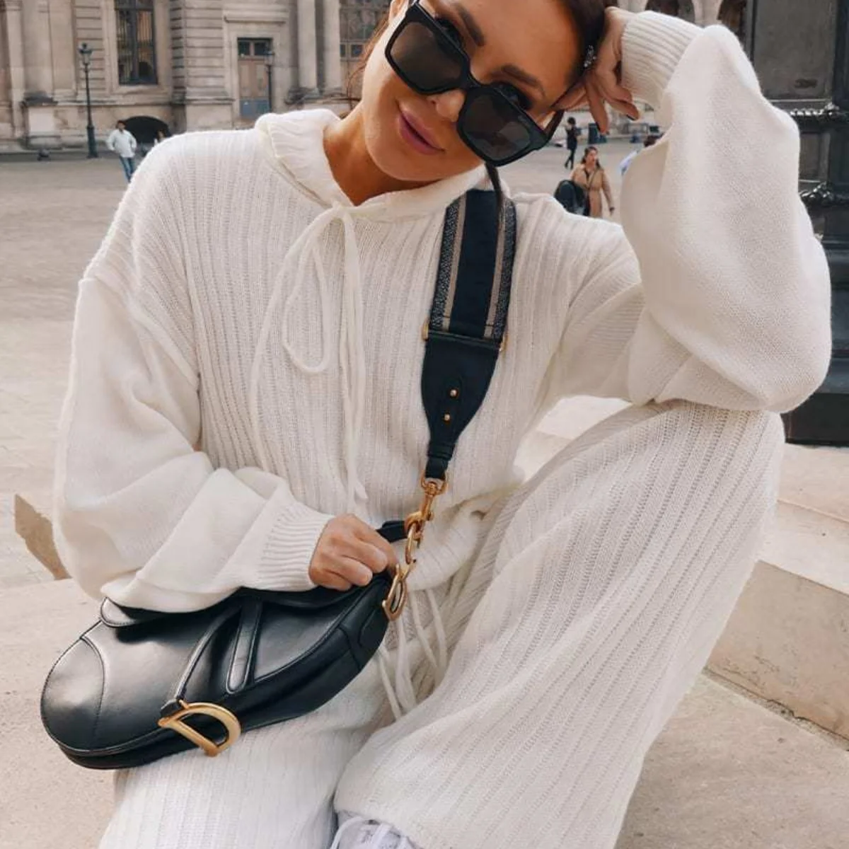

winter womens casual loose knitted hoodie pullover sweatsuit solid color 2 piece outfit sweater two piece set women clothing
