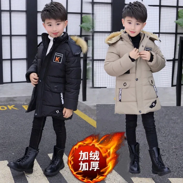 

2023 New Big Boys Jacket Autumn Winter Thicken Warm Winter Boys Jacket Teenager Mid-Length Plus Thickening Hooded Coat For Kids