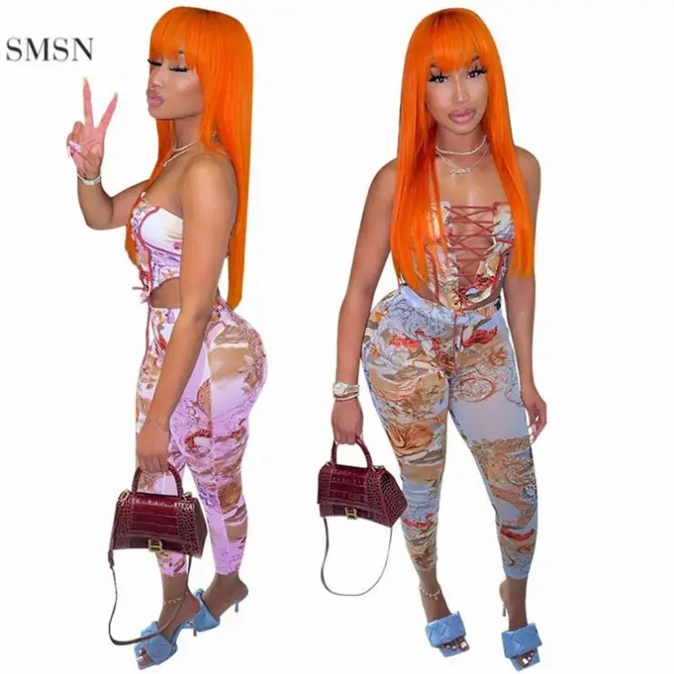 

TINA New Style Print Off The Shoulder Bandage Two Piece Summer Set Crop Top Set Women