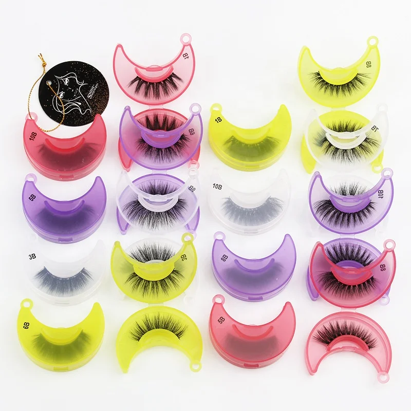 

New Design One Pair Mink Eyelashes Moon Shape Case Mink Lashes Set False Eyelash with Box, White, yellow, purple, hot pink