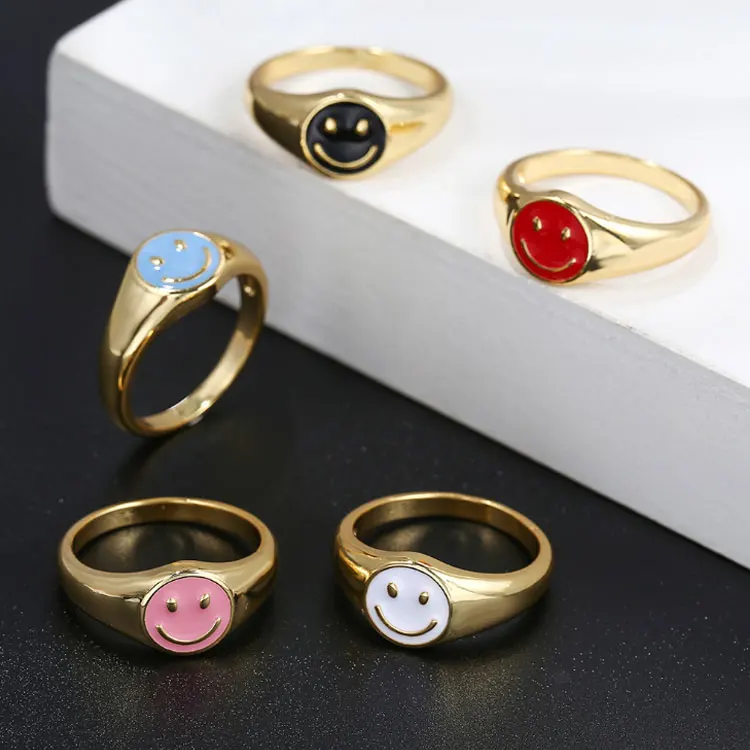 

18K Gold Plated Neon Rainbow Enamel Open Rings smiley face ring For Women