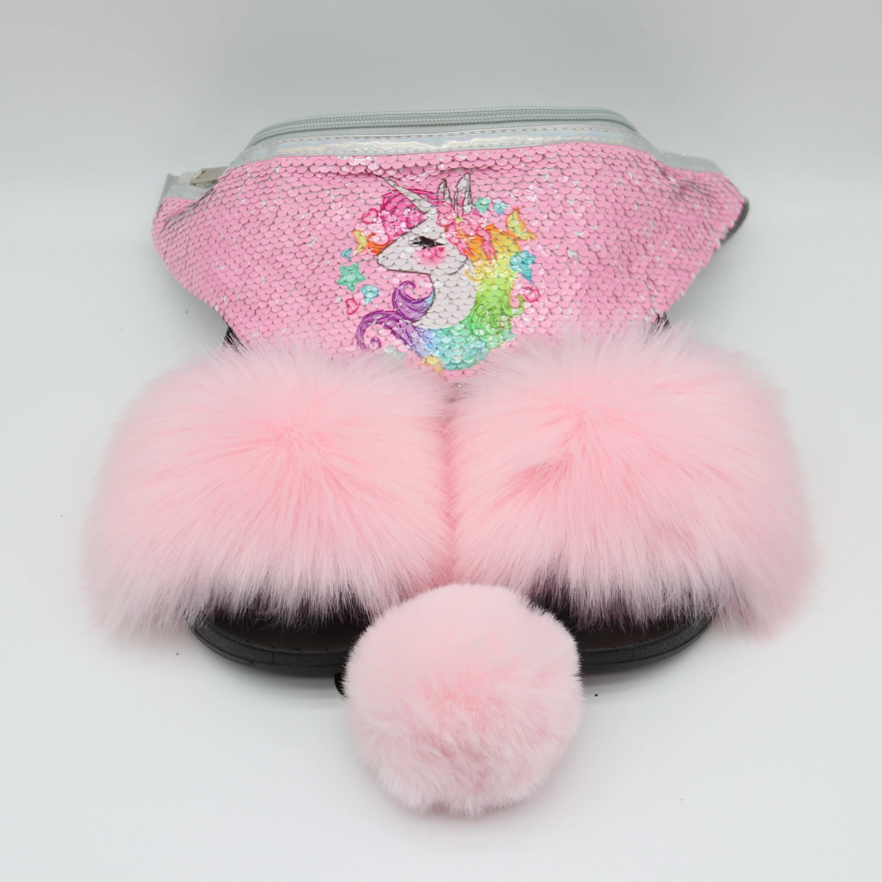 

children fur slides unicorn glitter sequins handbag fanny pack kids fur slippers girls
