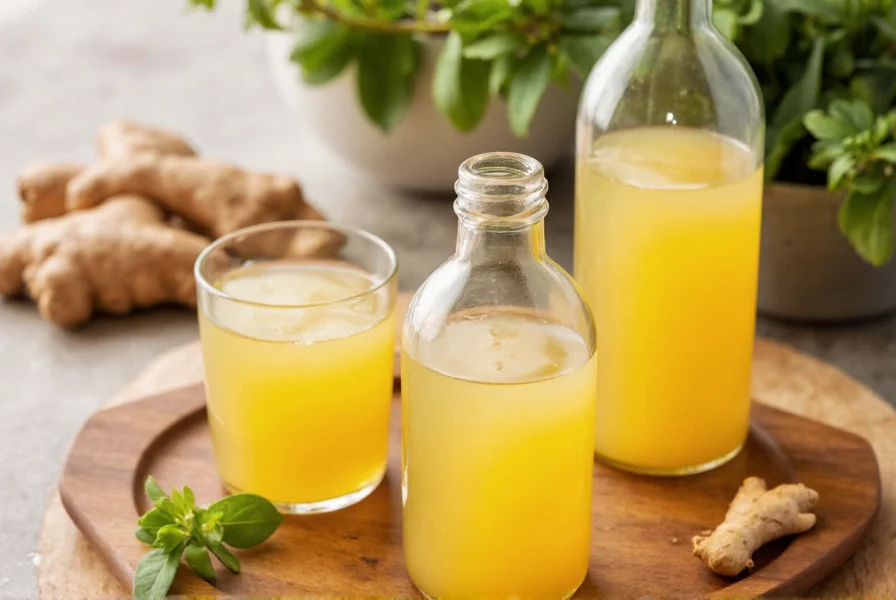 Step-by-step preparation of homemade liquid ginger extract showing grating, mixing, and straining process
