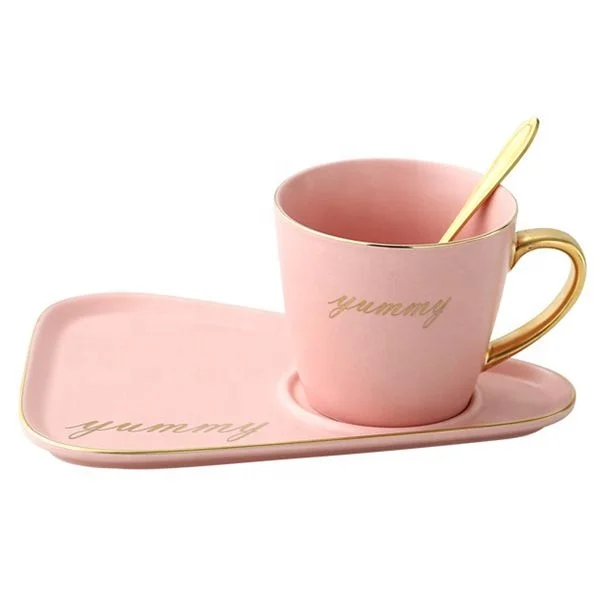 

New 260ml Nordic Style Ceramic Coffee Cup and Saucer Set with Gold Spoon, Black, white, pink, blue, green, dark green