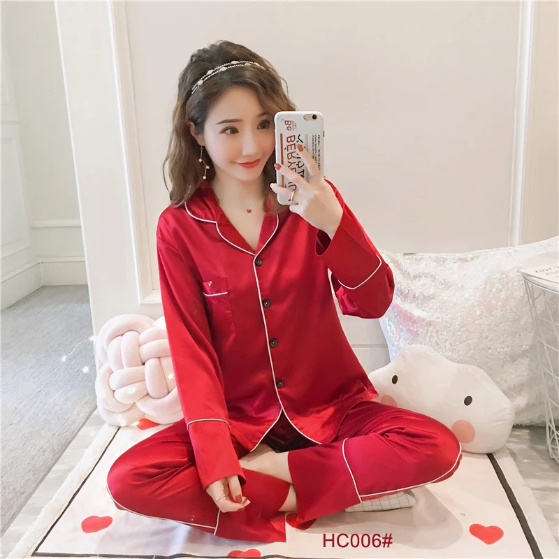 

Homewear women New long-sleeved ice silk nightgown pure-color Silk Lapel silk-like home clothes good quality