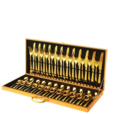 

Wholesale 48PCS Flatware With Wooden Box Gold Knife Fork Spoon Set Silverware Stainless Steel Kitchen Restaurants Cutlery Set, Gold,customizable